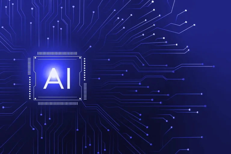 Glowing AI chip on a circuit board