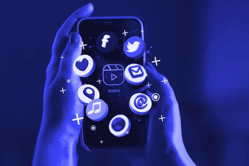 Smartphone surrounded by social media app icons